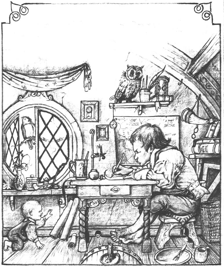 An illustration of a man writing in his living room with his baby playing on the floor